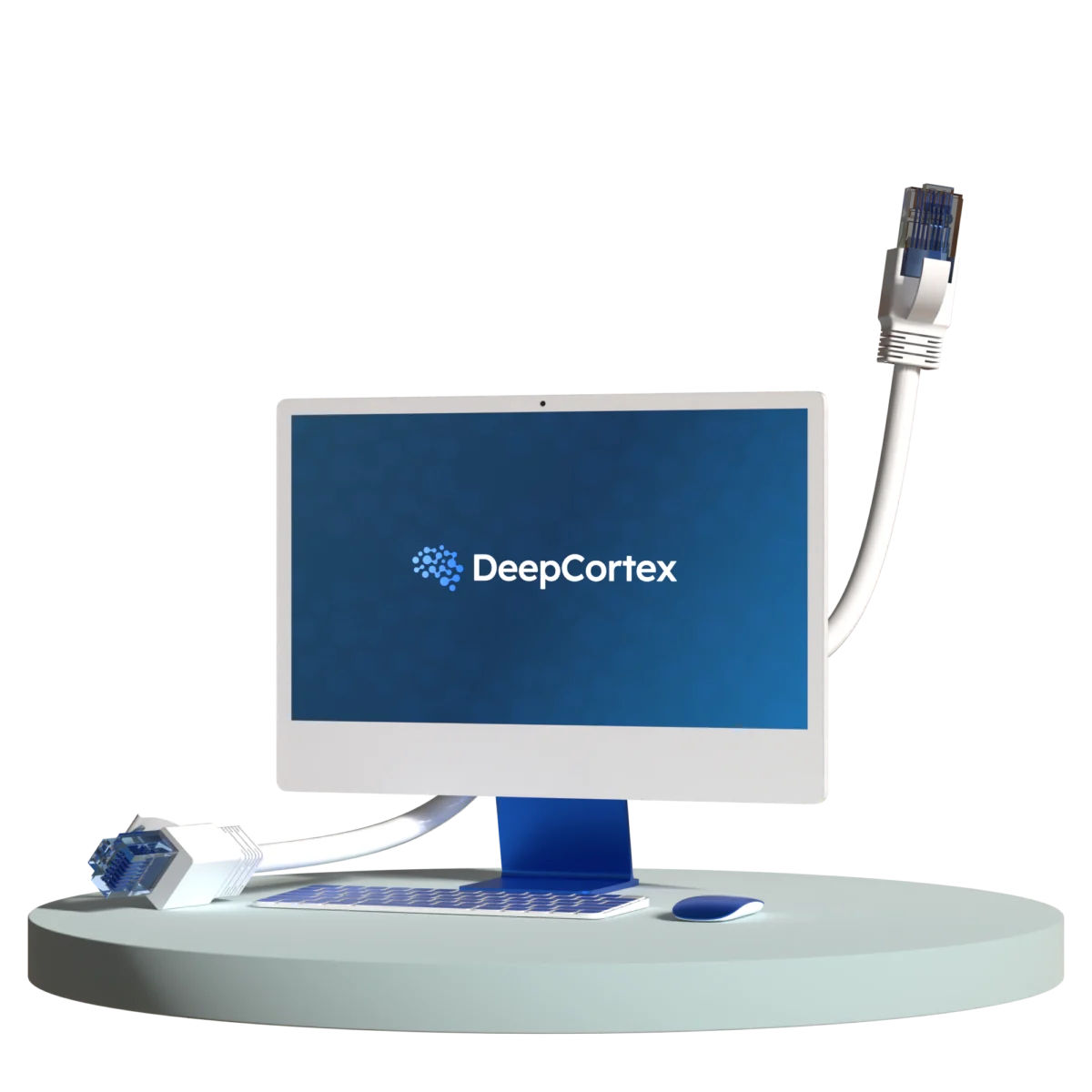 Asztali monitór a Deep Cortex logójával, hálózati kábelekkel — a megoldások közös alapja