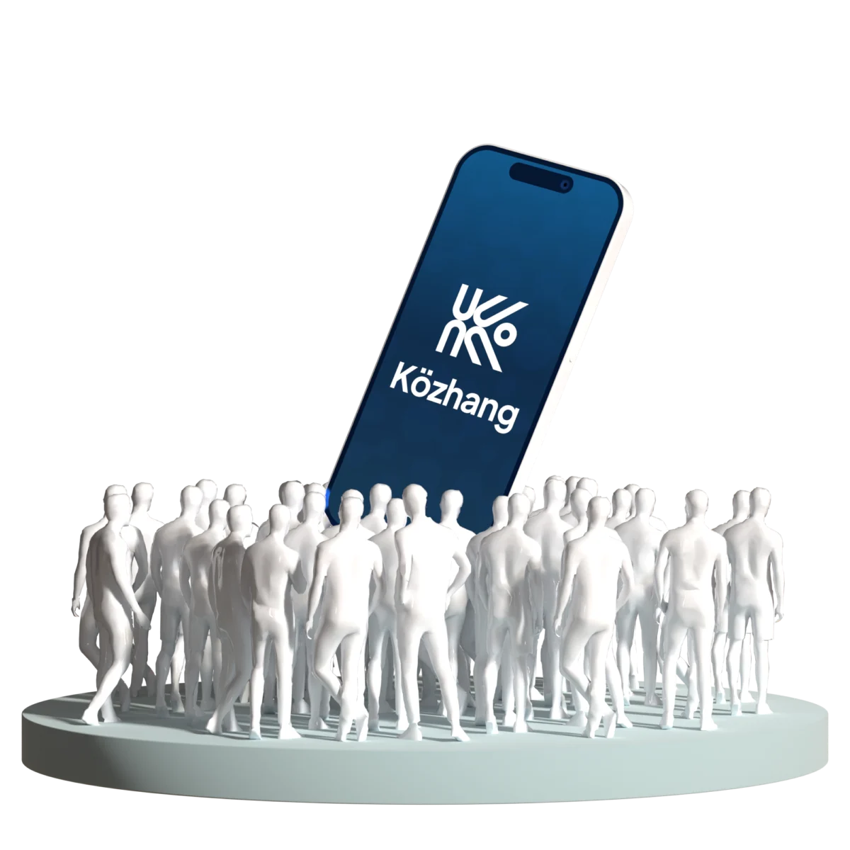 Mobiltelefon a Közhang logójával, előtte embercsoport — a társadalmi egyeztetési platform résztvevői